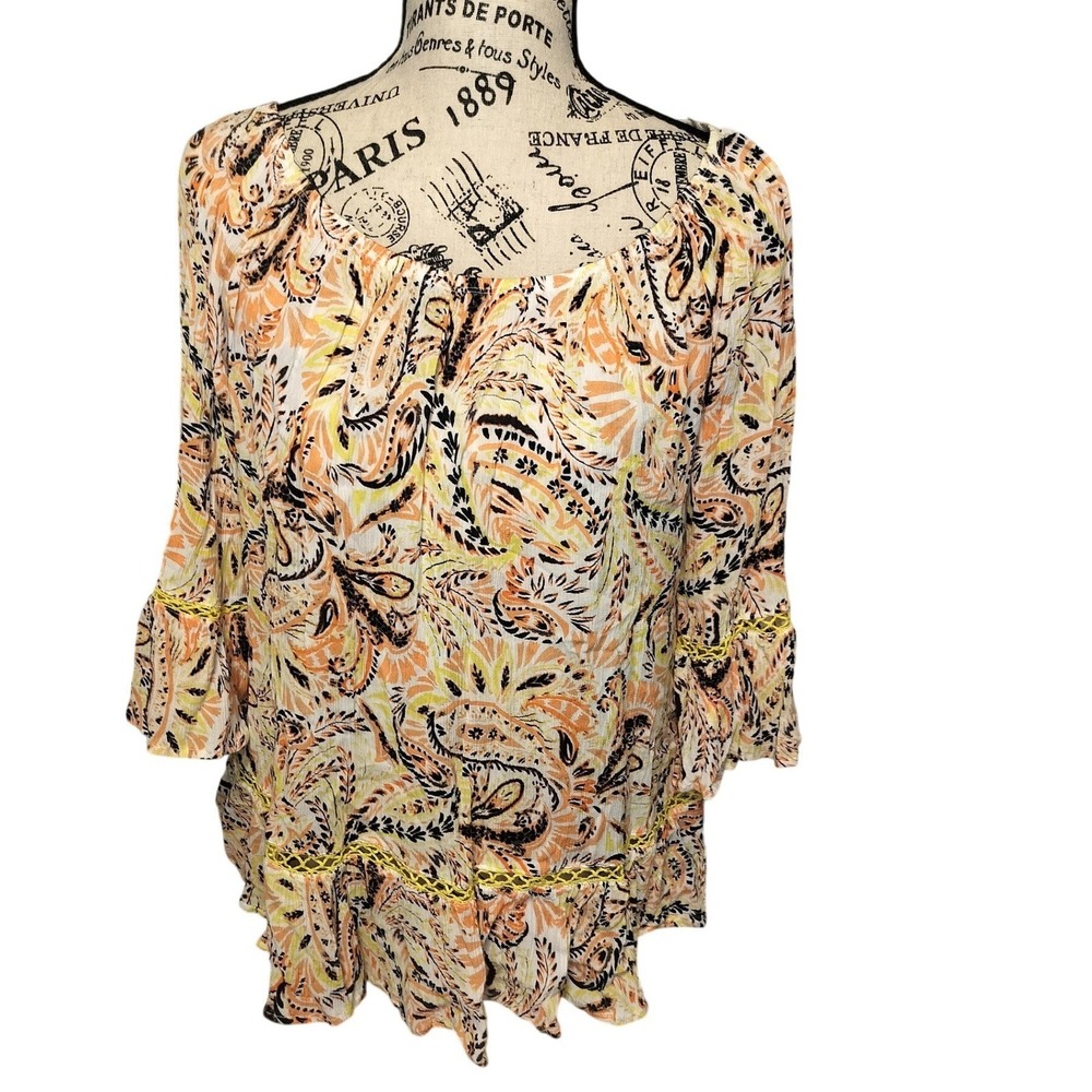 Fever Womens‎ Medium Orange Paisley Print Bell Sleeve Crochet Trim Rayon Blouse